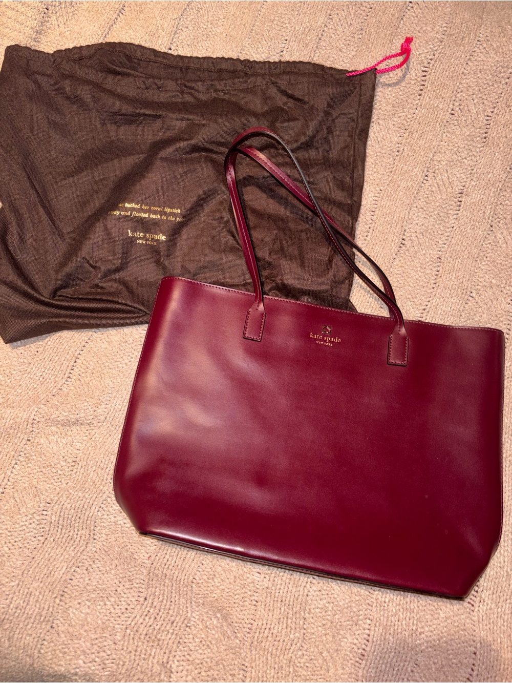 Kate Spade New York Burgundy Leather Tote Shoulder Bag with Dust Bag